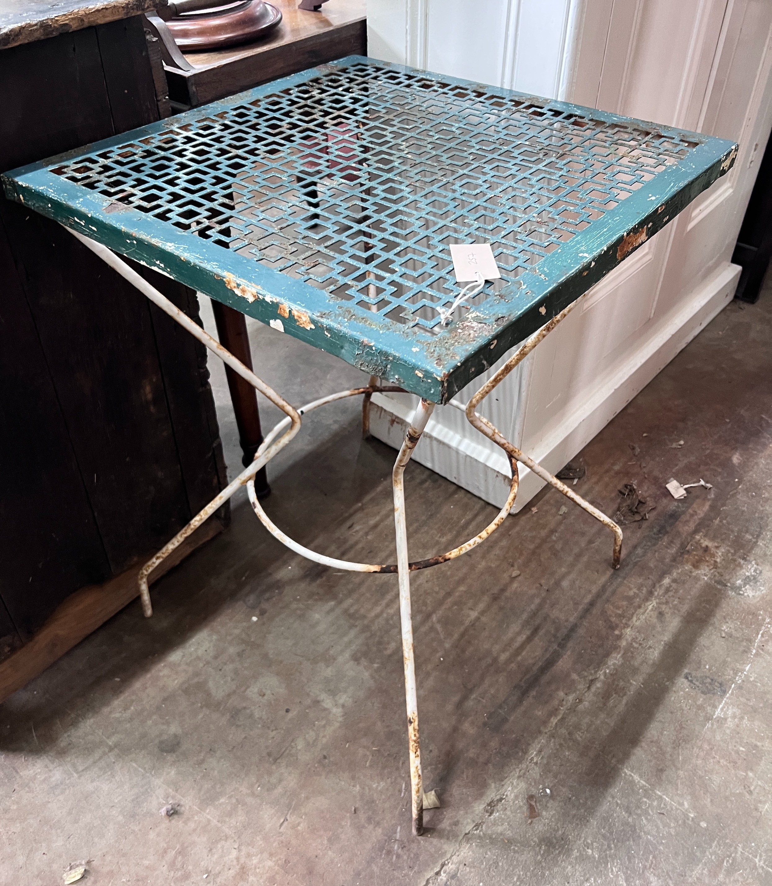 A painted wrought iron garden table, width 56cm *Please note the sale commences at 9am.